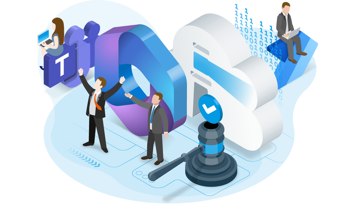 Isometric illustration of a team collaborating around Microsoft Teams, cloud storage and governance symbols
