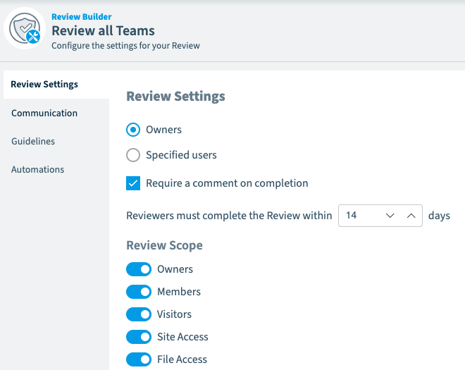 The Rencore Governance review builder configuring a review of all Teams: reviewer settings, a completion deadline in days, and a review scope covering owners, members, visitors, site access, and file access