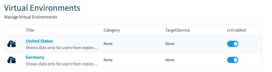 The Virtual Environments pane in Rencore Governance settings, with a United States and a Germany environment, each described as showing data only for users from that region and each switched on