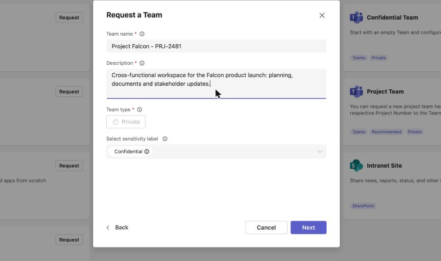 A Request a Team form in the Rencore app for Microsoft Teams, filled in as Project Falcon - PRJ-2481, with the team type locked to Private and a Confidential sensitivity label, over the template catalogue behind it