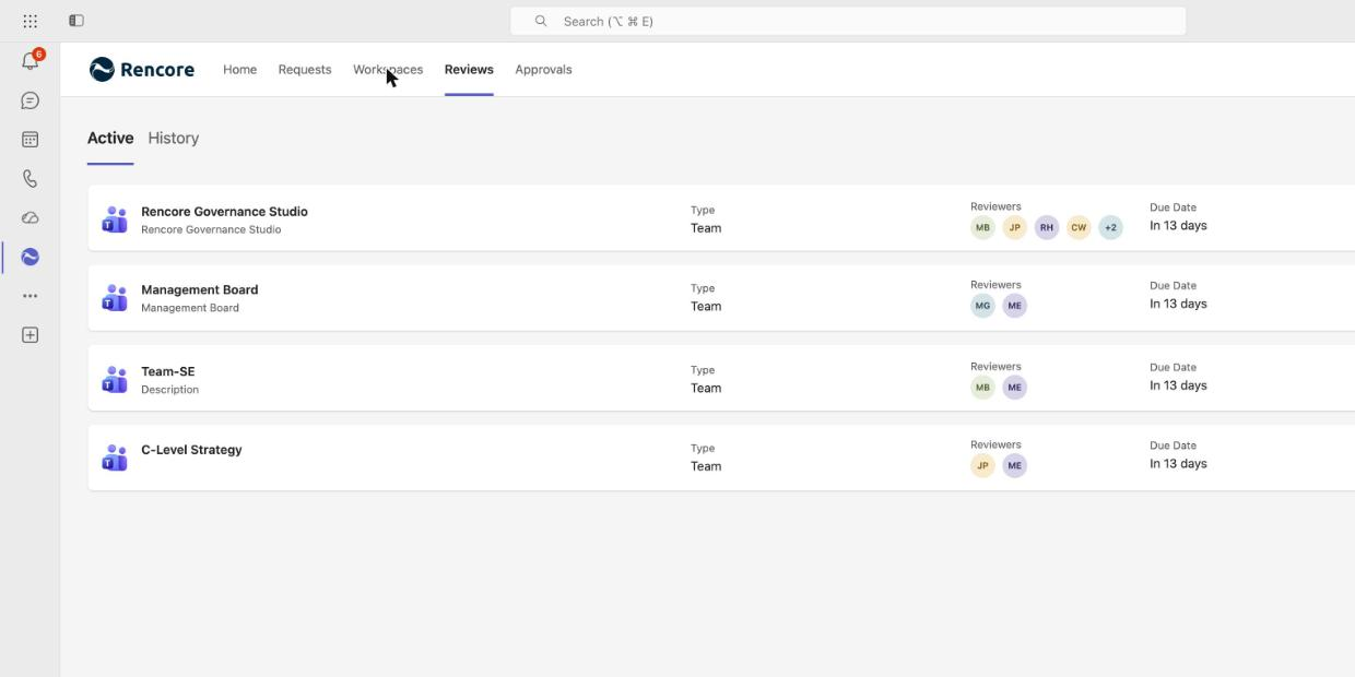 The Rencore app inside Microsoft Teams with the Reviews tab open, listing four active team access reviews with their type, reviewer avatars and due dates